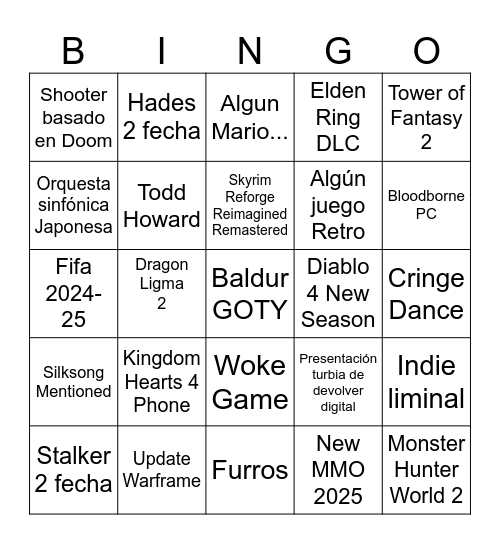 Game Awards Bingo Card