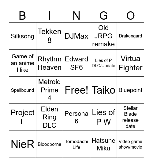The Game Awards Bingo Card