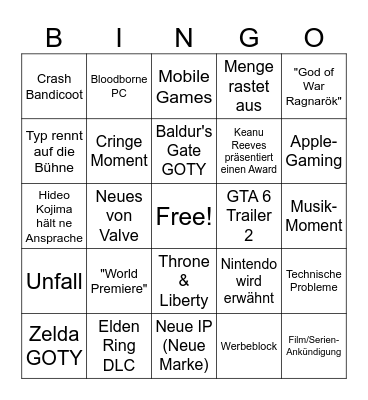 Game Awards Bingo Card