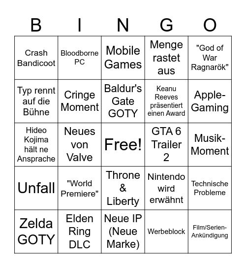 Game Awards Bingo Card