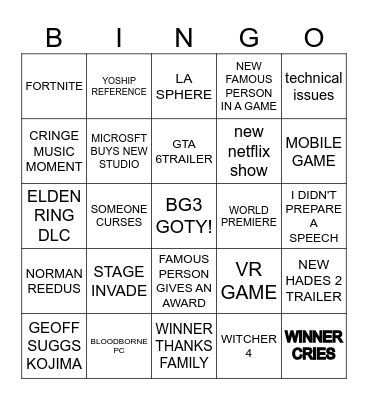 TGA Bingo Card