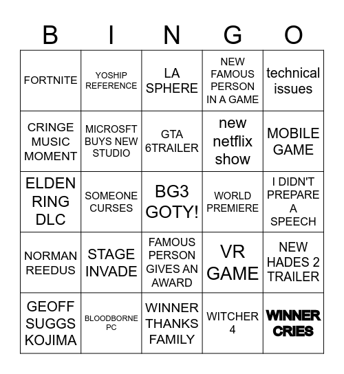 TGA Bingo Card