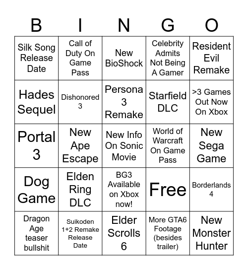 Game Awards '23 Bingo Card