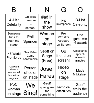 The Video Game Awards 2023 Bingo Card