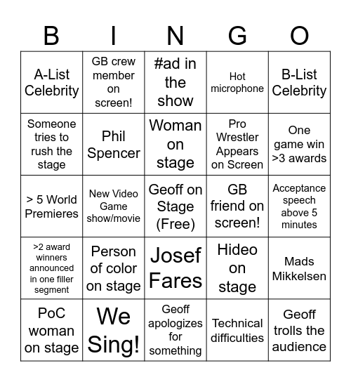 The Video Game Awards 2023 Bingo Card