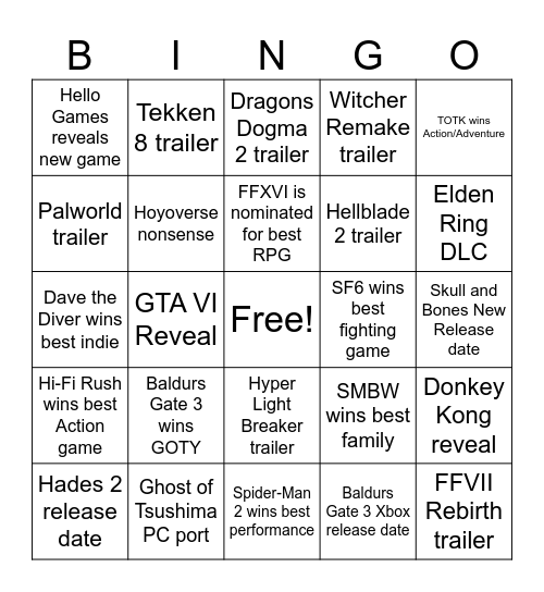 The Game Awards 2023 Bingo Card