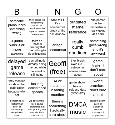 Generic 2023 Game Awards Bingo Card