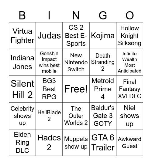 Game Awards 2023 Bingo Card