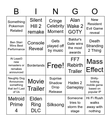 Game Awards 2023 Bingo Card