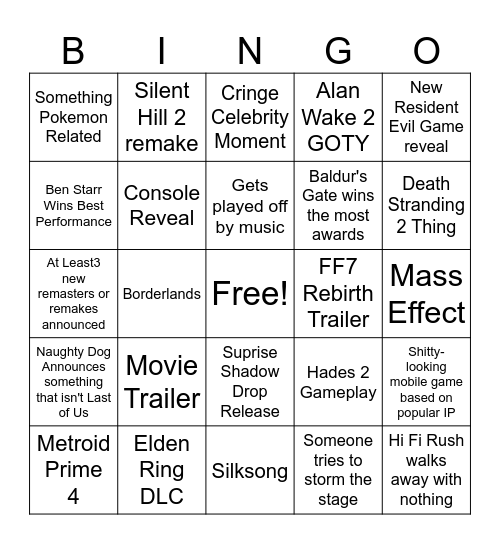 Game Awards 2023 Bingo Card