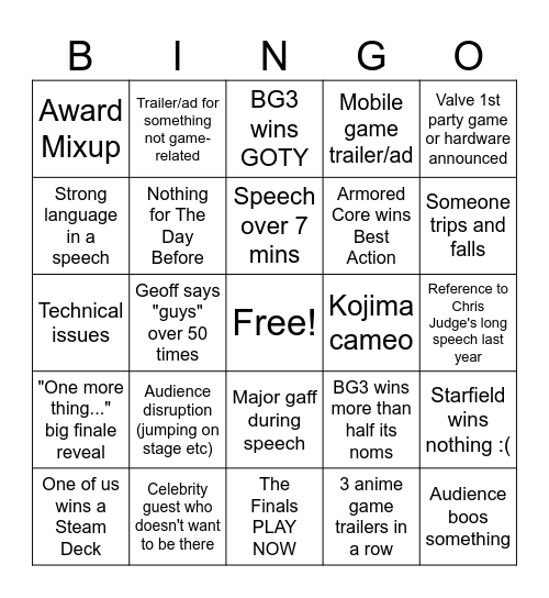 TGAs Bingo Card