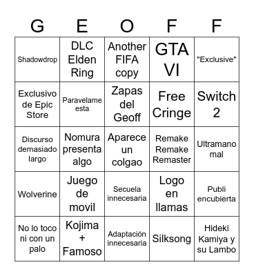 Game Awards 2023 Vader Bingo Card