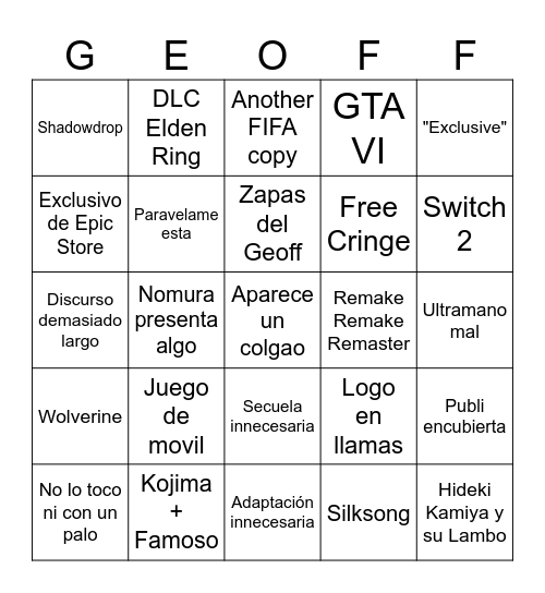 Game Awards 2023 Vader Bingo Card