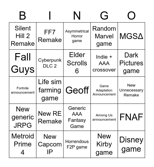 Game Awards 2023 Bingo Card