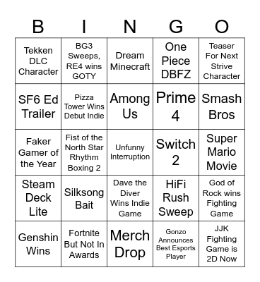 Game Awards Bingo Card