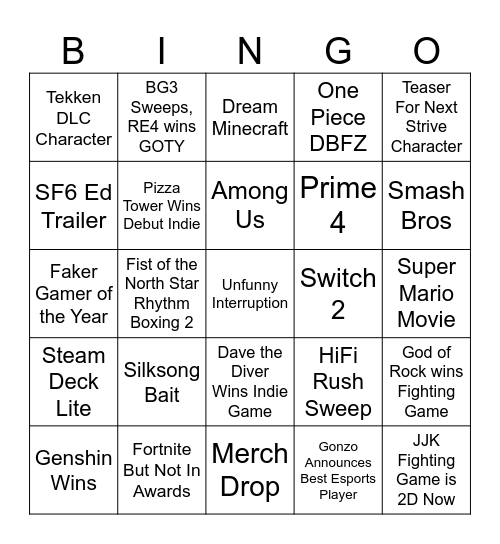 Game Awards Bingo Card