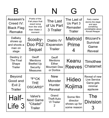 John's Bingo Game Awards Bingo Card