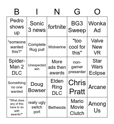 Game Awards Bingo Card