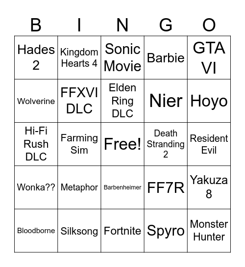 GAME AWARDS 2023 Bingo Card