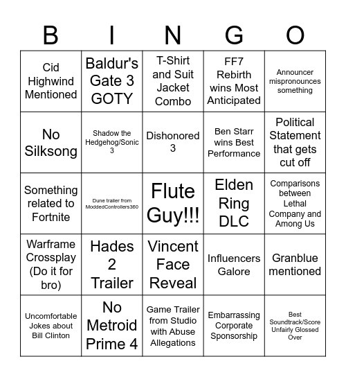 Baldur's Gate Awards Bingo Card