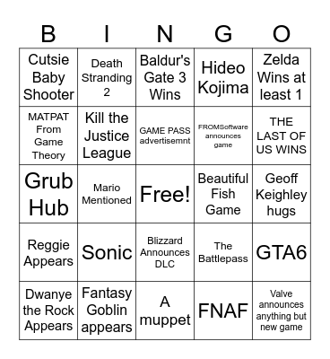 Game Awards Bingo Card