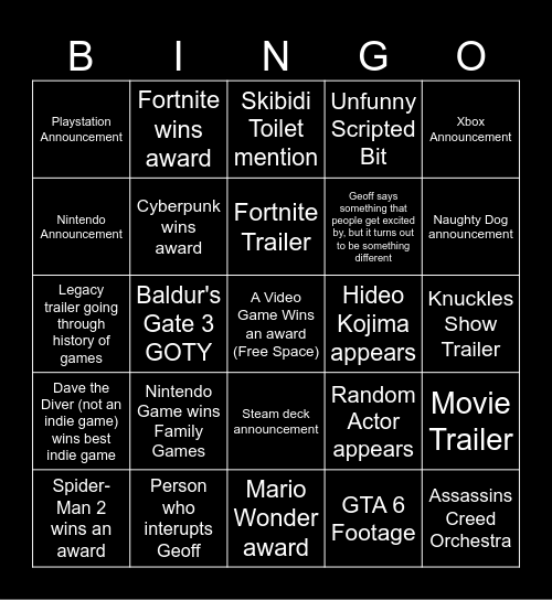 Game Awards Bingo Card