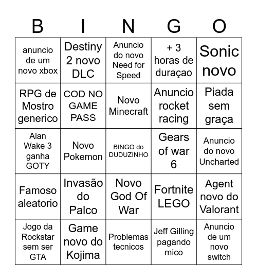 Bingo do Game Awards Bingo Card