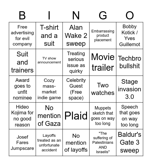 Game Awards 2023 Bingo Card