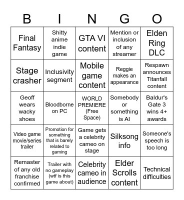 TGA 2023 Bingo Card