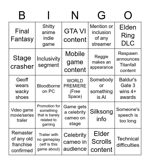 TGA 2023 Bingo Card