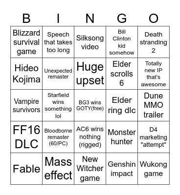 Asmon Game awards 2023 Bingo Card