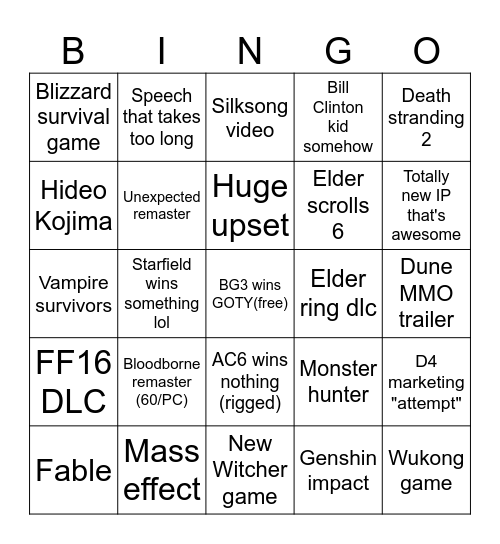 Asmon Game awards 2023 Bingo Card