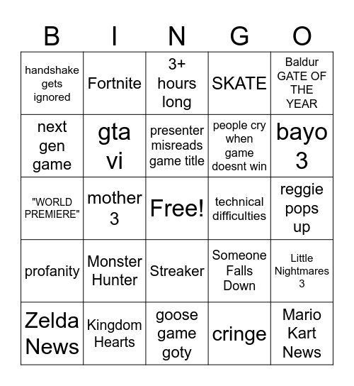 Game Awards bingo card Bingo Card