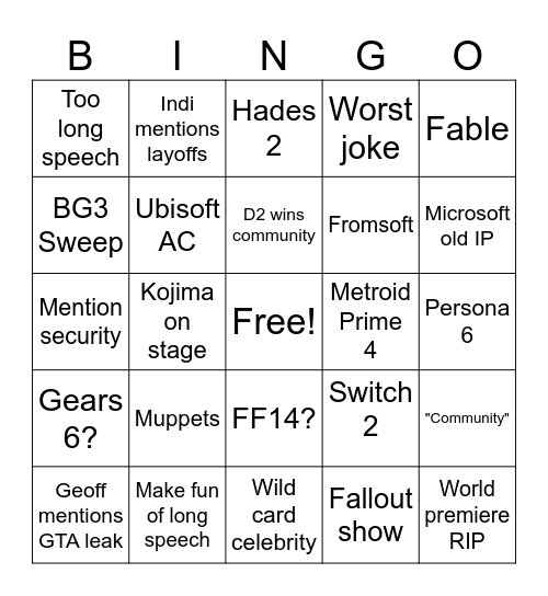 Game Awards Bingo Card