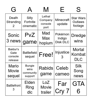 Game Awards Bingo Card