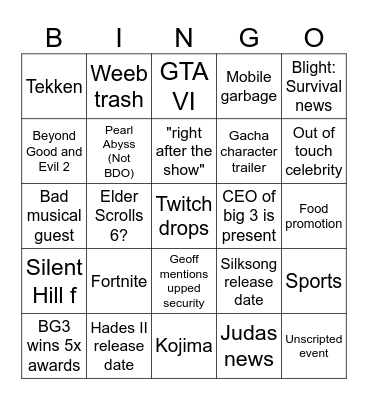 TGA 2023 Bingo Card