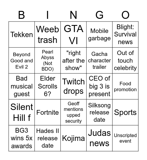 TGA 2023 Bingo Card