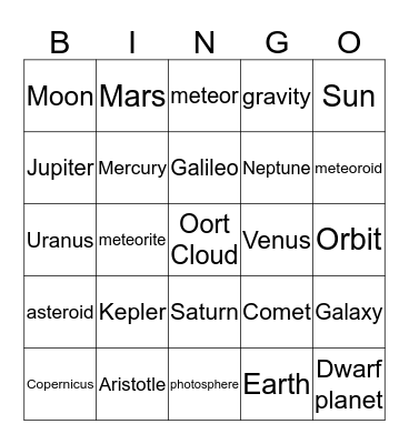 Solar System Bingo Card