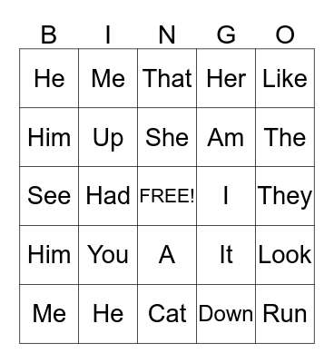 Vocabulary bingo Card