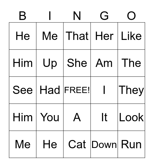 Vocabulary bingo Card