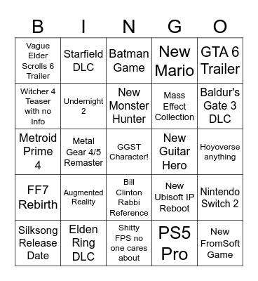 Game Awards Bingo Card