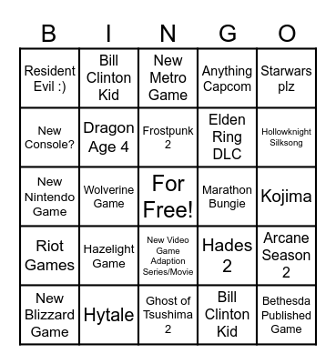 Game Awards Bingo Card