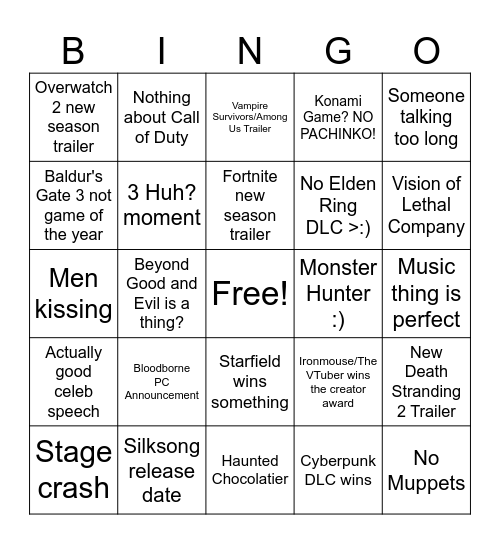 The Game Awards 2023 (Insanity Edition) Bingo Card