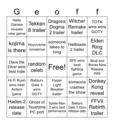 The Game Awards 2023 Bingo Card