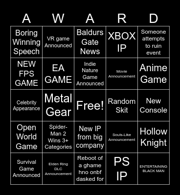 GAME AWARDS 2023 Bingo Card