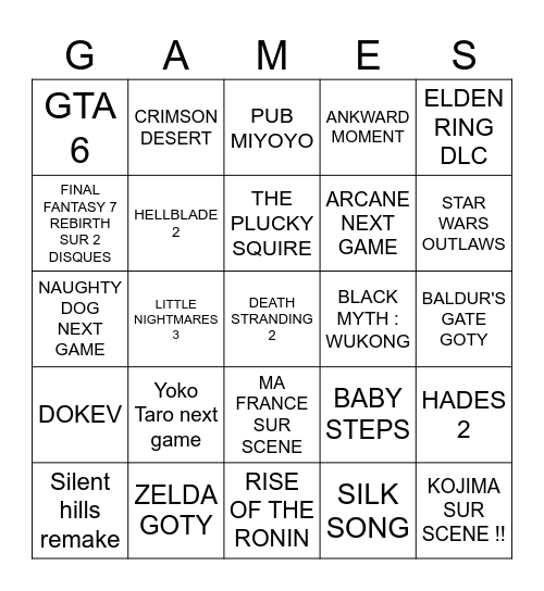 GAME AWARDS 2023 BINGO Card