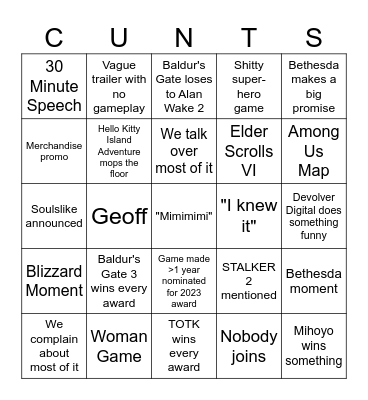 The Game Awards 2023 Bingo Card
