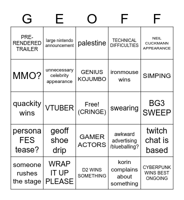 GAME AWARDS 2023 Bingo Card