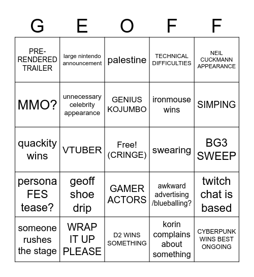 GAME AWARDS 2023 Bingo Card