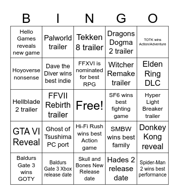The Game Awards 2023 Bingo Card